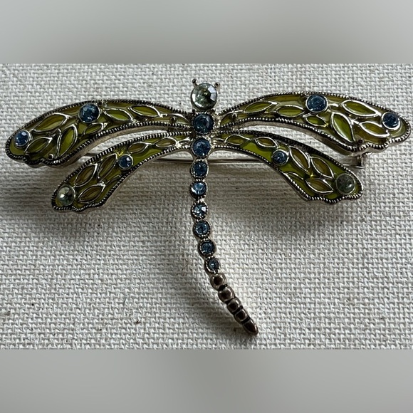 Jewelry - Vintage Dragonfly Brooch with Green Enamel & Blue Rhinestones – Nature Inspired